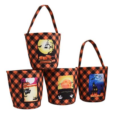 China HN3004 Polyester Plaid Halloween Candy Storage Bag Baskets Orange Black Trick Or Treat Bag Bucket for sale