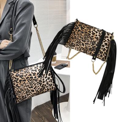 China RLB1005 PU Leopard Print Purse Fringe Clutch Tassel Cheetah Women Bracelet Cross - Body Wrap Even Chain Bag for sale