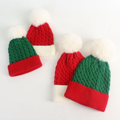 China MOM AND ME COMMON Pom Pom Beanie Caps For Christmas Winter Kids Adult Knit Beanie Hat for sale