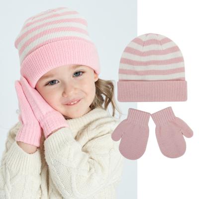 China Wholesale Winter Children's Square Logo Package Custom Stripe Knit Beanie Hats Gloves Set Warm For Baby Boy Girls for sale