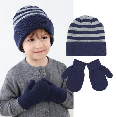 China RWH1047 6 Color Square Wholesale Kids Winter Hats Gloves Set Stripe Knit Beanie Hat Gloves Warm 2 Piece Sets For Baby Boy Girls for sale