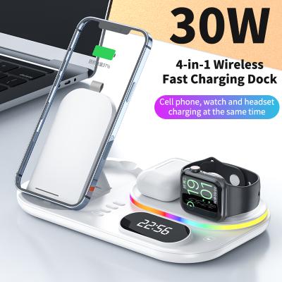 China Adjustable Factory Private Model 4 in 1 Wireless Charging Station Wireless Charger with LED Light Clock for iWatch and Other Smartphone for sale