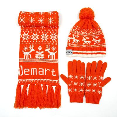 China Factory Wholesale Long Beanie Knit Winter Knitted Warm Christmas Scarf Hat Gloves Set for sale