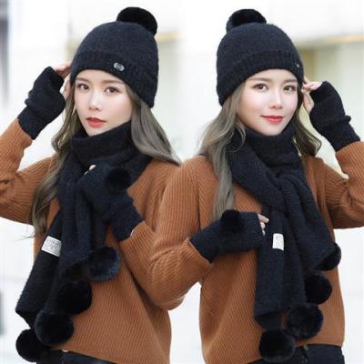 China Wholesale Plain Women's Fashion Long Beanie Hat Wool Scarf Gloves Set for sale