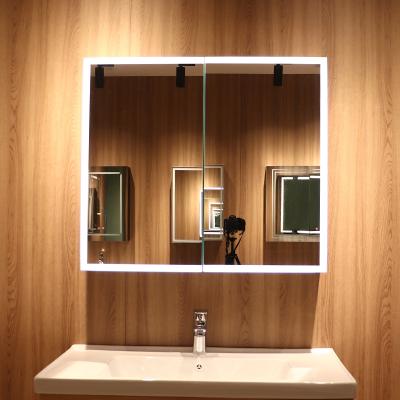 China Wall Mounted Induction Two Door 80*70cm Modern Infrared LED Lighted Bathroom Mirror Cabinet With LED Light for sale