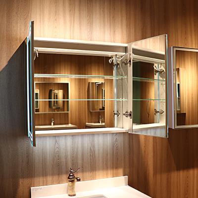 China Modern 80x70cm Two Door Brightness Dimmable Touch Sensor Switch LED Lighted Bathroom Mirrored Medicine Cabinet With LED Light for sale