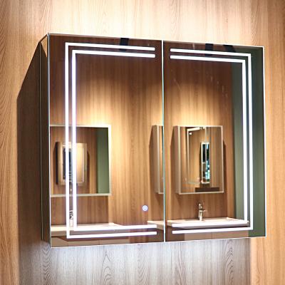 China Modern Double Door Touch Sensor Switch LED Lighted Vanity Bathroom Medicine Cabinet With Mirror 80x70cm for sale