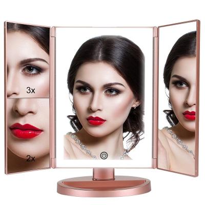 China Lighted Beauty Rechargeable Trifold Custom Logo LED Lighted Cosmetic Makeup Mirror With Light for sale