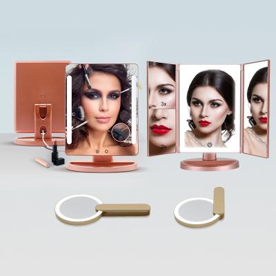 China Wholesale custom desktop cosmetic mirror lighted up tirfold plastic portable vanity led makeup mirror for sale