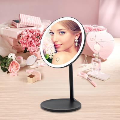 China Lighted Touch Sensor Switch Dressing Table Standing Round Vanity Make Up Led Mirror With Tray for sale