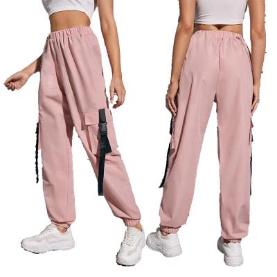 China Anti-Wrinkle Custom Relaxed Casual Pants Wave Pocket Buckle Tape Cargo Pants With Chains Womens Cargo Pants for sale