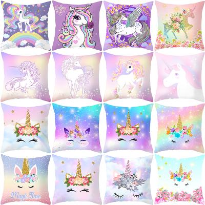 China 2021 Decorative Sofa Car Unicorn Series Cushion Cover Cartoon Unicorn Design 45*45 Pillow Case Portable Purple Cover for sale