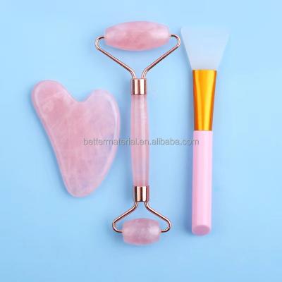 China Face Rose Quartz Jade Roller Set Massager Silicone Facial Tool Rose Jade Roller Gua Sha With Brush Jade Quartz Make Up Brush for sale