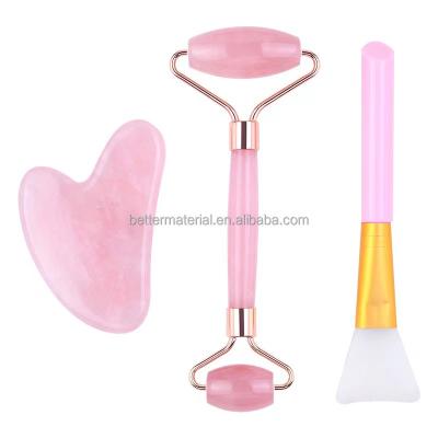 China Face Rose Jade Roller Set With Silicone Brush Jade Roller Anti Aging Gua Sha Set Box Packed for sale