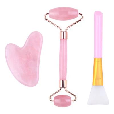 China Face Rose Quartz Jade 3 Pieces Pink Jade Roller and Gua Sha Set for Face Eyes Peel Three Piece Set for sale