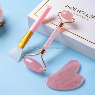 China Rose Quartz Jade Stone Roller Anti Aging Facial Roller Massager Kit Gift Set Pink Green 100% Natural Face Beauty Facial Roller for sale