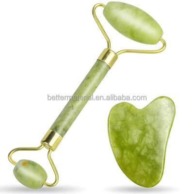 China Face Beauty Natural Green Jade Roller Face Roller Gua She Massager Set Jade Roller Facial Massager For Skin Care Tool for sale