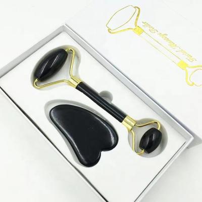 China Wholesale Natural Skin Rejuvenation Face Massage Black Jade Roller Quartz Jade Roller Gua Sha Set With Box for sale