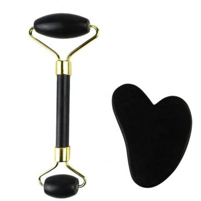 China Promotional Cheap 100% Natural Black Obsidian Facial Massage Roller Gua Sha Set From Skin Rejuvenation Manufacturer for sale