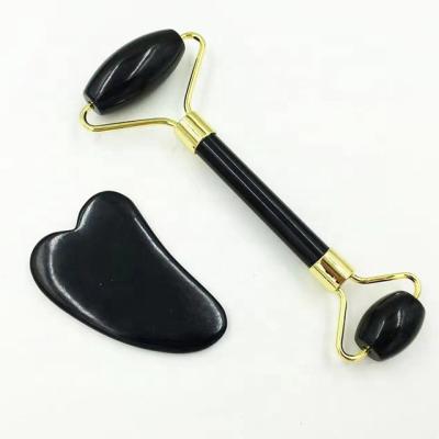 China Natural Eco-friendly Black Jade Colorful Portable Face Body 3D Crystal Jade Rollers Face Gua Sha Massage Sets for sale