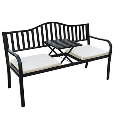 China Danlong Modern Luxury Cast Iron Steel Frame Patio Park Garden Bench Chair With Middle Table For Two Person for sale