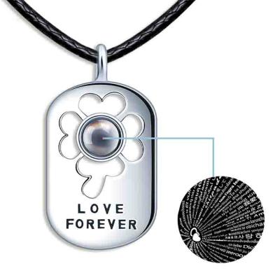 China 999Silver I Love You TRENDY Lucky Clover Card Hollow Necklace 100 Languages ​​LOVE FOREVER Projection Necklace for sale