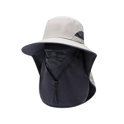 China Breathable Outdoor Custom Wide Brim Sunshade Bucket Hats Unisex Removable Fishing Hat With Face Cover Neck Fin for sale