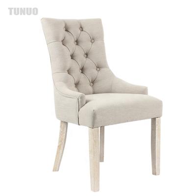 China Hot Sale Tufted Antique Tufted Beige Canvas Fabric Upholstery Solid Wood Dining Chair for sale