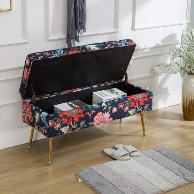 China Amazon Hot Sales Large Fabric Storage Ottoman Bench Printed Retro Red Flower Dress Bench Storage for sale