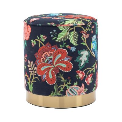 China Retro STRONG Modern Floral Pattern Fabric Round Ottoman Footstool Stools With Gold Plating Base Bedroom Stools for sale