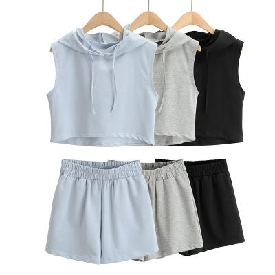 China Anti-wrinkle Spring And Summer Hoodie Blank Shorts Sets Sleeveless Shorts And Hoodie Set for sale