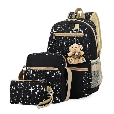 China Waterproof School Bags 3 PC Canvas Student Satchel University Style Bag Packs School Girls Schoolbags Black for sale