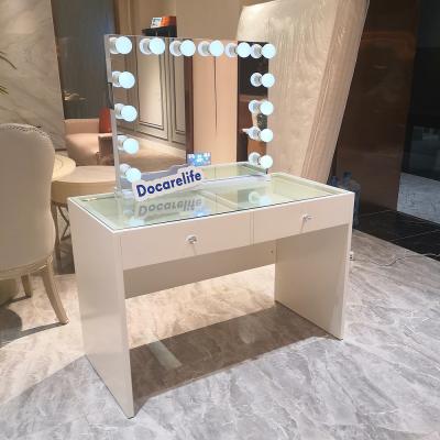 China Docarelife Dressers Bedroom Corner 2 Drawers Glass Top Modern Makeup Vanity With Hollywood Mirror for sale