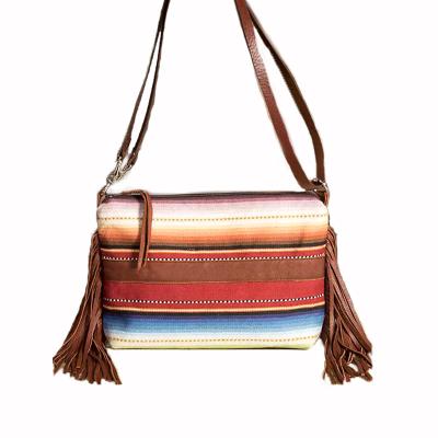 China Eco-Friendly Stripe Tassel Cross - Body Bag Women Canvas Serape Fringe Cross - Body Purse for sale