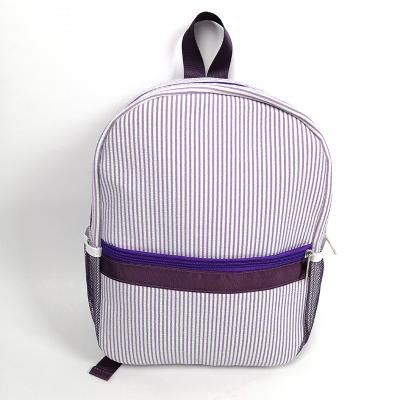 China Custom Cotton Seersucker School Backpack Wholesale Customized Striped Zipper Monogram School Kids Cotton Seersucker Backpack for sale