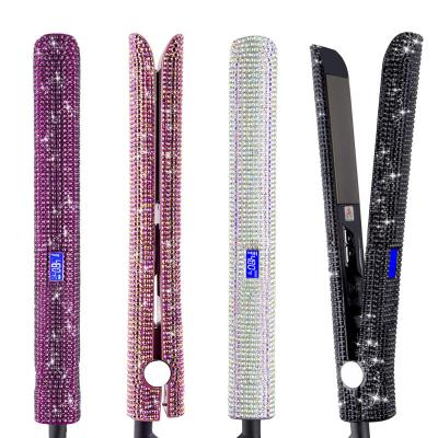 China Lcd Temperature Display Private Label High Temperature Ceramic Titanium Flat Iron Bling Diamond Pink Crystal Hair Straightener Online for sale