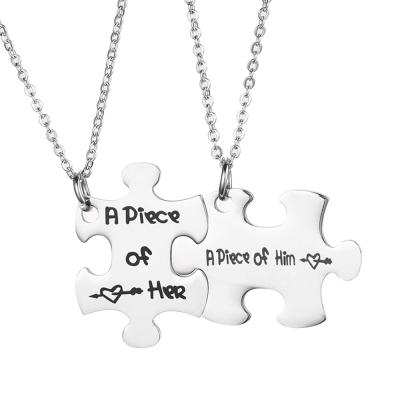 China Unique Couple A Piece Of Her / Him Stainless Steel Pendant Necklaces Fashion Engrave Name Couples Necklace for sale