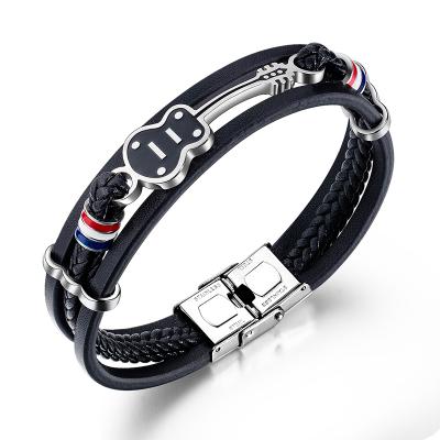 China Guitar Leather Punk Bracelet Simple Stainless Steel Men's Woven Bracelet Multilayer Woven Leather Bracelet for sale