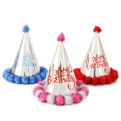 China Beautiful Colorful Birthday Hat Party Decorations Paper Hat Gold And Silver Card Paper Wool Ball Hat for sale