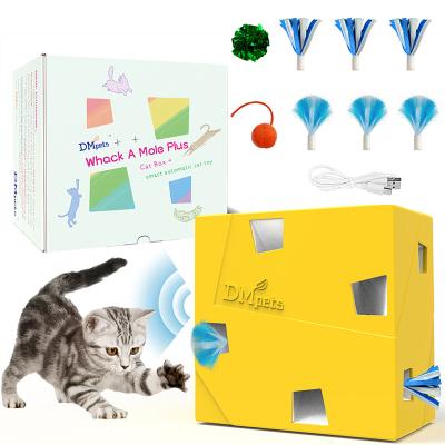 China Sustainable OEM Cat Playing Electronic LED Interactive Square Cat Toy Magic Box With Feather Toys for sale