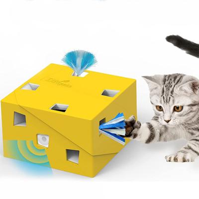 China Viable Electric Smart Feather Teasing Cat Toys Game Cat Catching Automatic Square Magic Mouse Box Toy for sale