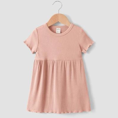 China Wholesale Custom Breathable Candy Color Toddler Girls Dresses Summer Short Sleeve Dress Girl Kids Baby Clothes Rib Cotton Baby Dresses for sale