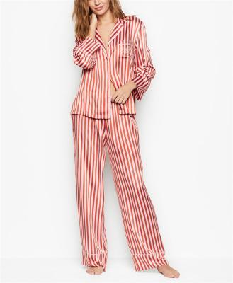 China 2022 Women Ladies Breathable Sexy Satin Silk Pajamas Sets Long Sleeve Red And White Stripe Satin Sleepwear Women Nightgowns Pajamas for sale