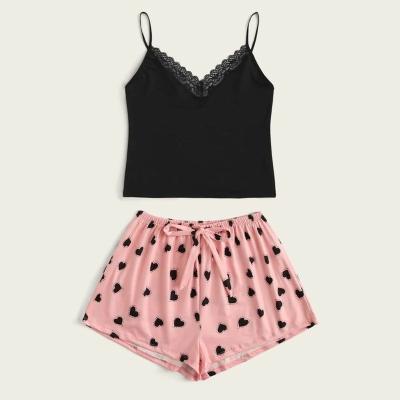 China Stain Pajamas Heart Print Breathable Sexy Cami Top Short Pants PJ Set for sale