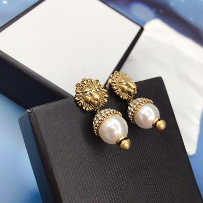 China Newest Luxury Vintage Vintage Cooper Girls Ear Accessories Shape Lion Head With Pearl Stud Earrings For Women Zircon Decoration Jewelry for sale