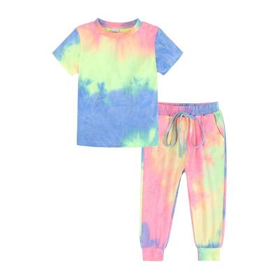 China Wholesale Spandex/Cotton Kids Clothing Sets 2021 Girls Summer Pajamas Tie Dye Korean Clothes Process Summer 1-7 Years Cotton Pajamas for sale