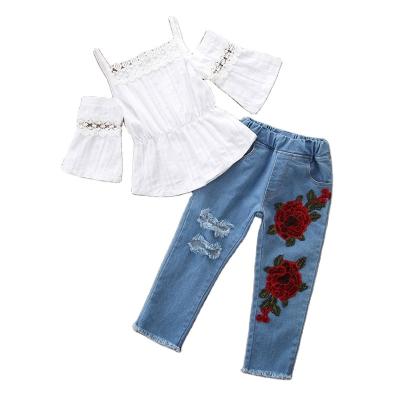 China Outdoor activities daily life Amazon girl summer suit sling jacquard lace short-sleeved blouse rose denim pants two-piece suit for sale