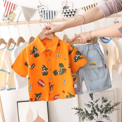 China Shop Smart Casual Boys Clothing Summer Button-Up Dinosaur Print Short Sleeve Shirt And Denim Casual Light Color Shorts Set On Amazon for sale