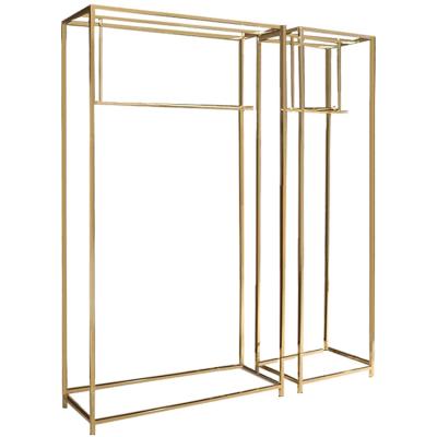 China Retail Shop Eco-Friendly Floor Clothing Store Custom Front Design Clothing Display Hanging Gold Display Rack for sale