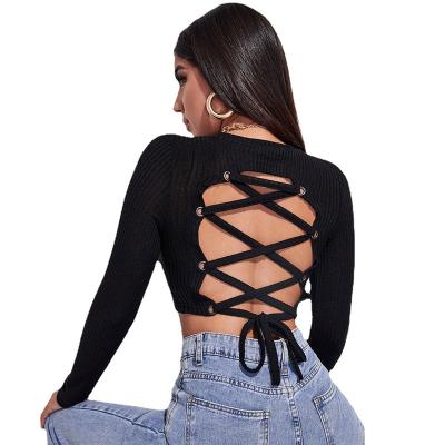 China 2022 Breathable spring and autumn women's knitted crop tops slim bottoming long sleeve shirt backless sexy T-shirt for sale